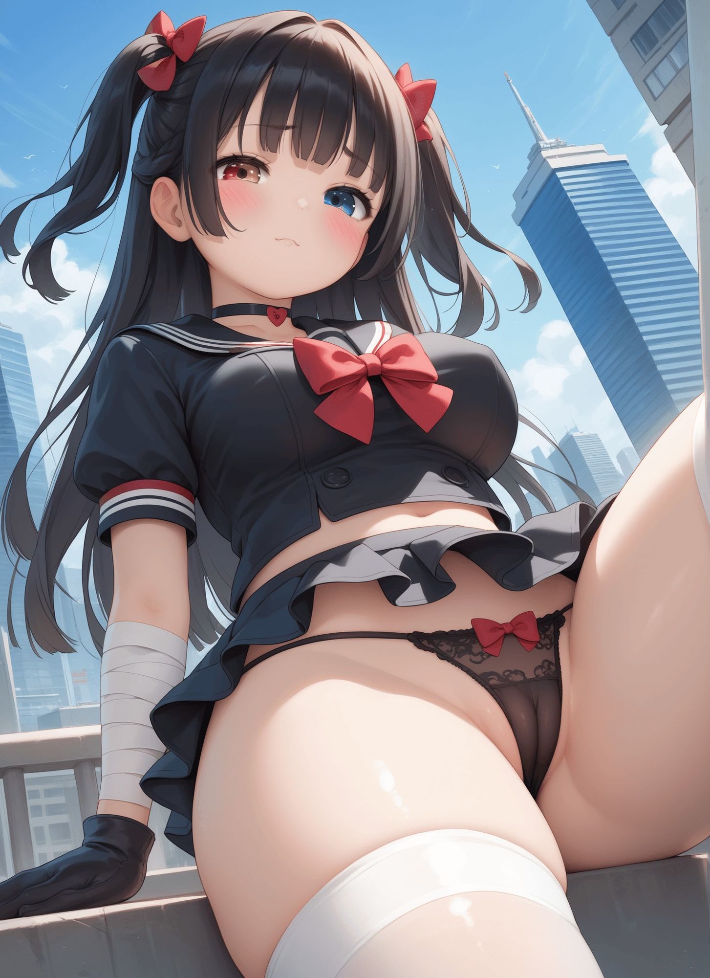 サンプル画像4:見上げた汗ばむマイクロビキニ・見上げた中二病制服パンツ・見上げたオープンクロッチパンスト制服パンツ(シャインのAIイラスト) [d_721674]