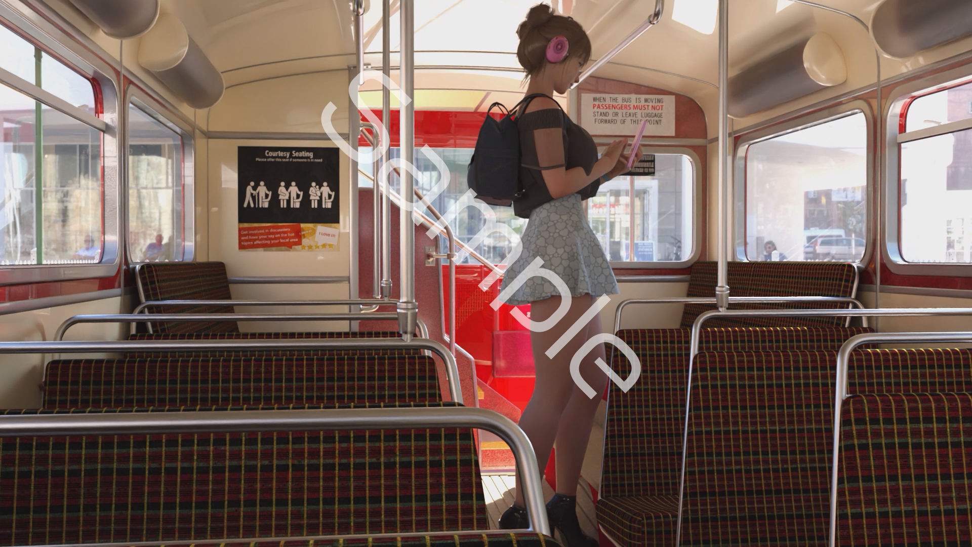 一ノ瀬廻里・私服登校日の通学途中のバス内でスカート内逆さ撮り盗撮の被害に遭う:フロント版PV03（サテン黒地ピンク水玉パンティ） 画像2