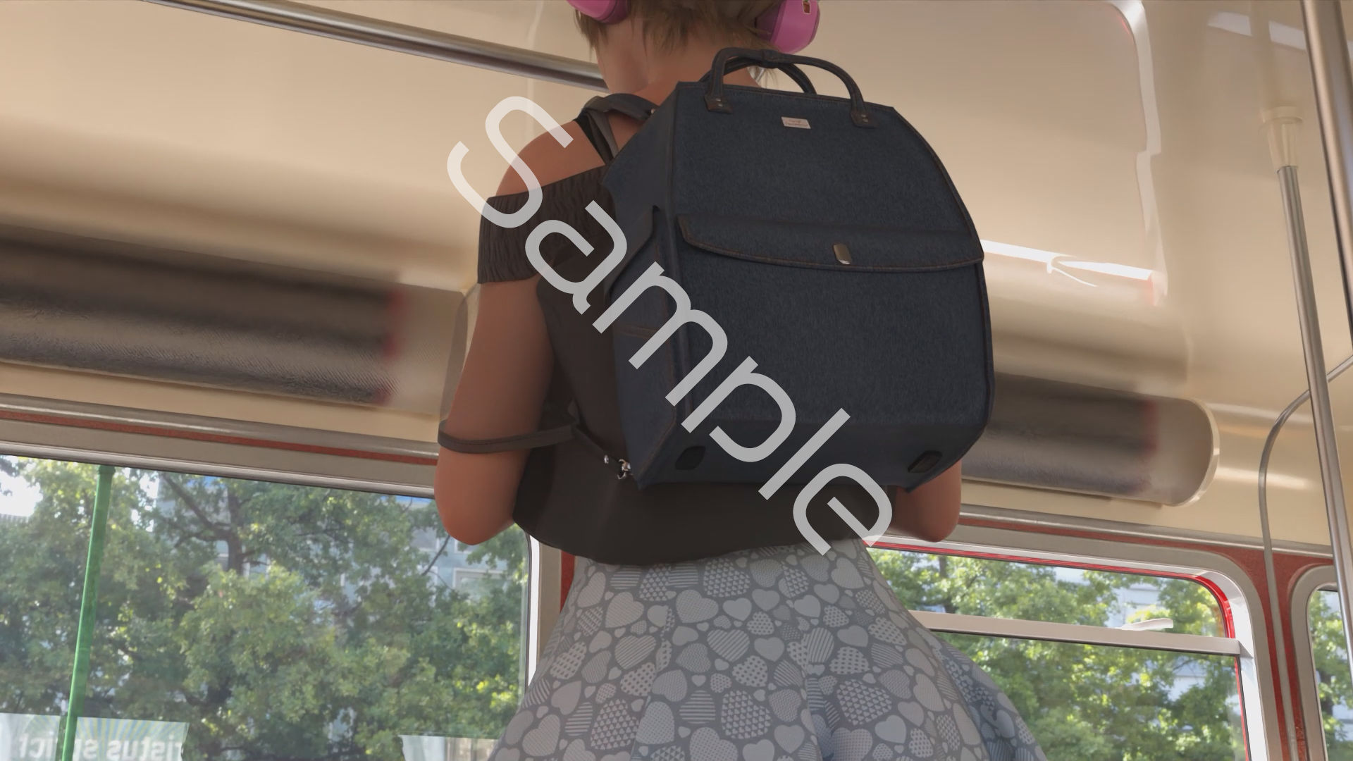 一ノ瀬廻里・私服登校日の通学途中のバス内でスカート内逆さ撮り盗撮の被害に遭う:フロント版PV05(サテン地緑色・ストライプ柄パンティ) 画像4