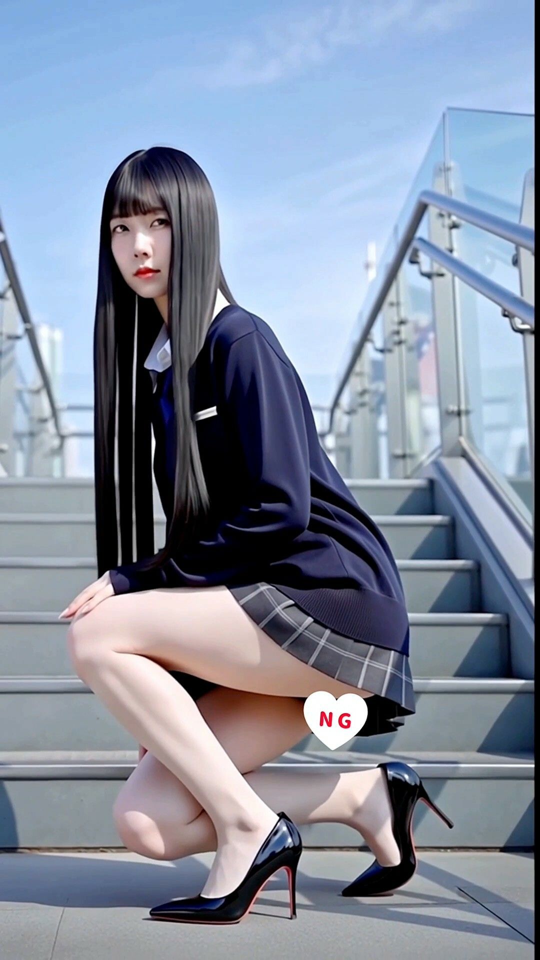 【実写風AIモデル】超スレンダー黒髪ロング×ハイヒール美脚ショートムービー 画像1