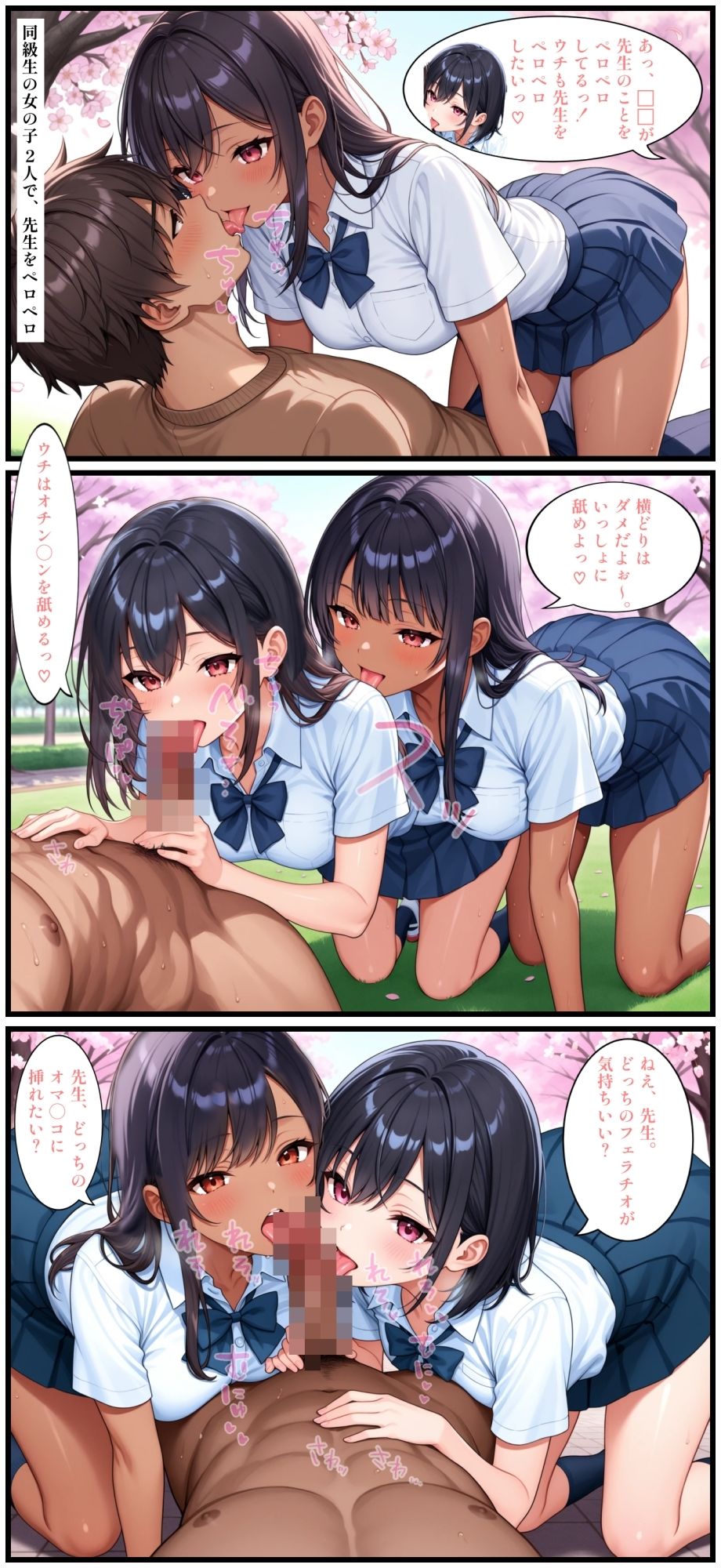【漫画12P】【セリフありイラスト11P】【セリフなしイラスト194P】学園の隣にある桜満開の大きな公園で、エッチなお花見！おっぱいが巨乳にスクスク発育中のミニスカ制服ギャルさんたちへの男性の先生たちからの「満開（マンかい）」な「娘別（こべつ）」指導や、経験人数ゼロ人のクラスメイトとのウブな中出しセックス！エロい通学日のマンガや絵もアリ！【フルカラー217枚】5