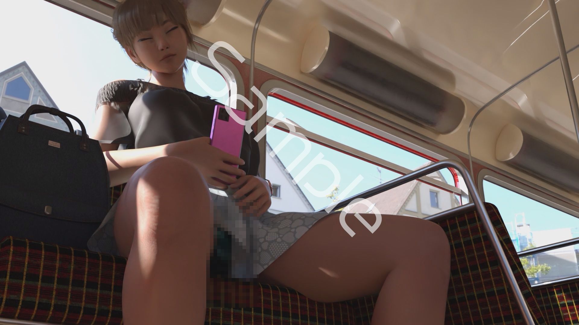 一ノ瀬廻里・私服登校日の通学途中のバス内でスカート内盗撮の被害に遭う:居眠り版PV02（サテン地エレガントな緑色パンティ） 画像2