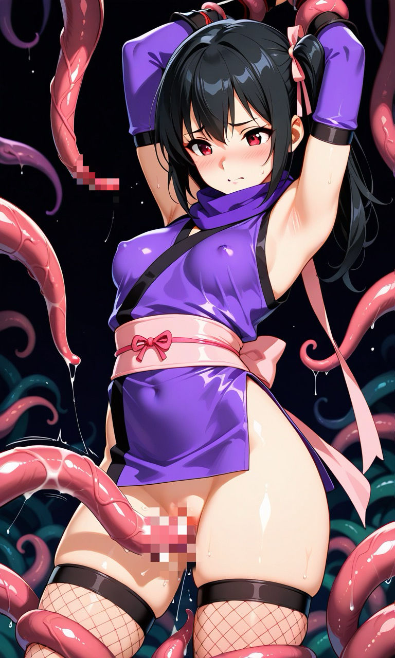 黒髪くのいちの首絞め 画像5