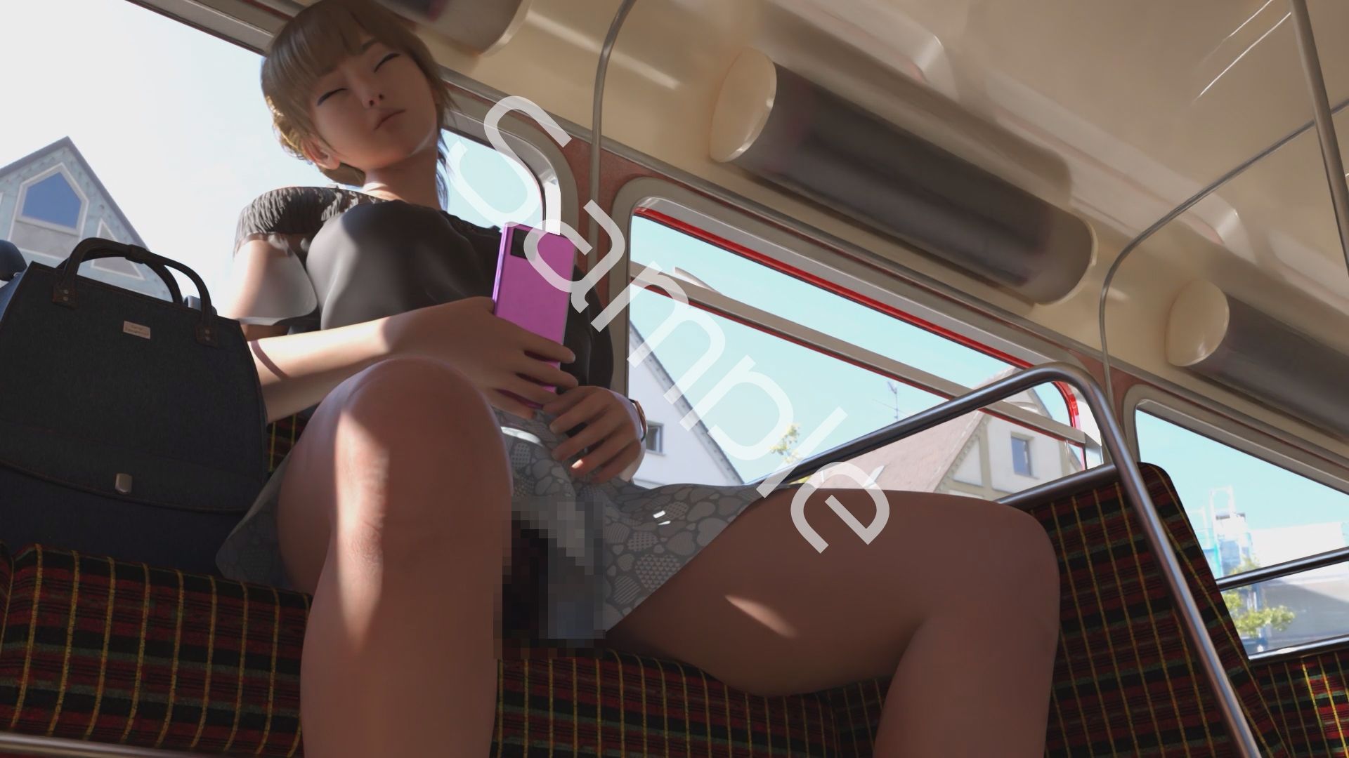 一ノ瀬廻里・私服登校日の通学途中のバス内でスカート内盗撮の被害に遭う:居眠り版PV05（黒いレーシーなパンティ） 画像1