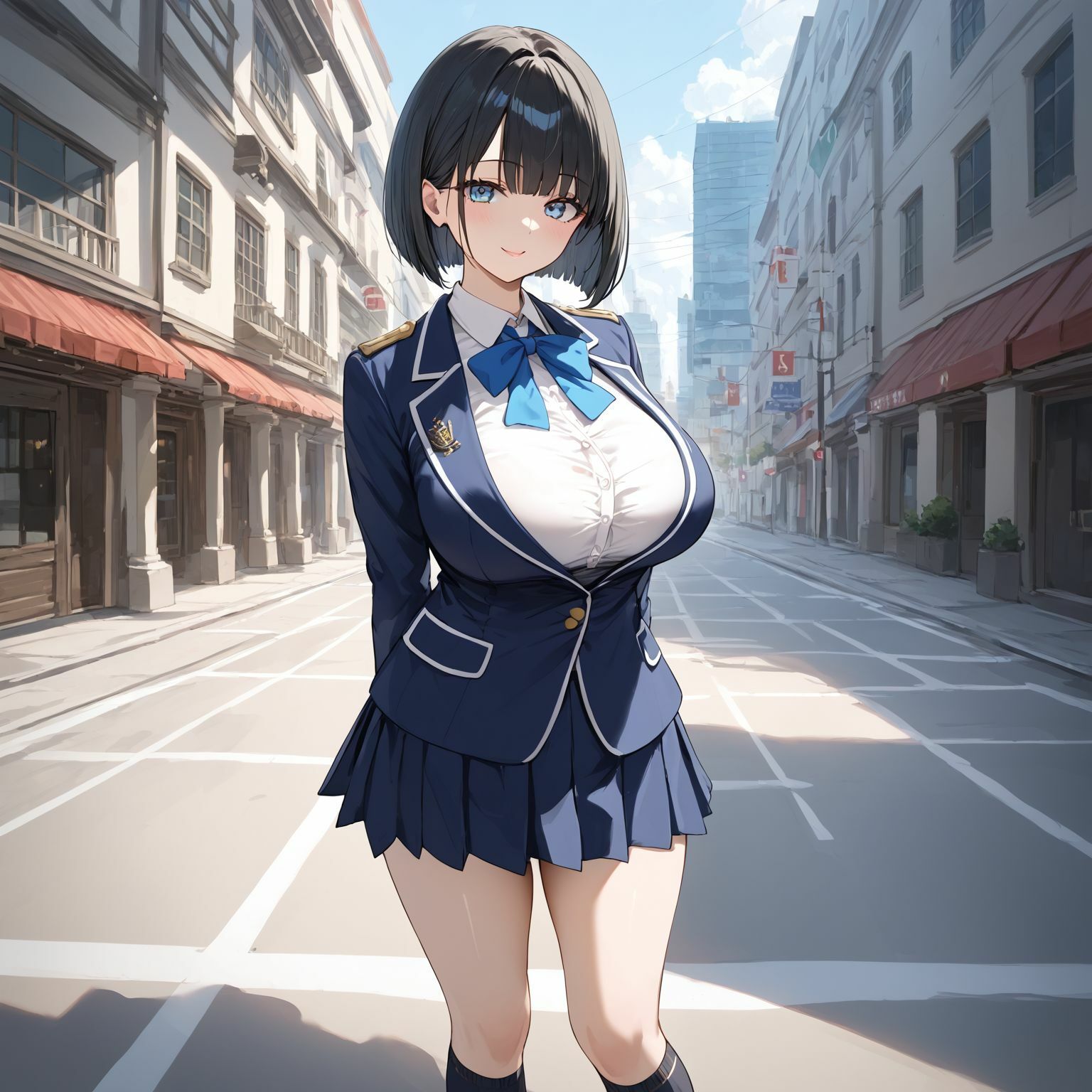 黒髪ボブの制服美女が群がるおじさんたちにご奉仕 画像1