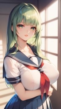 緑色ロングでセーラー服を着た女の子と黒髪ボブスタイルで水着の女の子 画像4