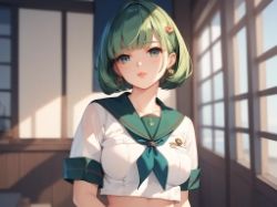 ボブスタイル髪でセーラーを着た黒髪と緑髪の女の子 サンプル1