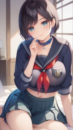 ボブスタイル髪でセーラーを着た黒髪と緑髪の女の子 サンプル4