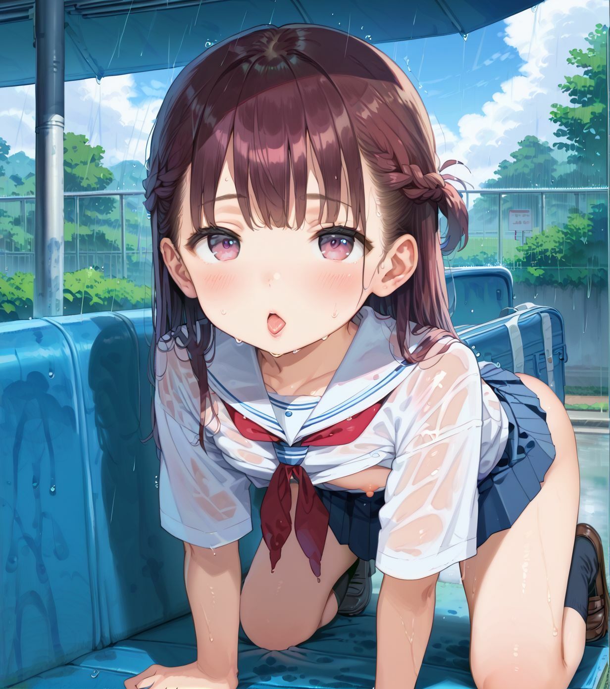 【エロ漫画】制服ちっぱい少女、バス停で雨宿り045