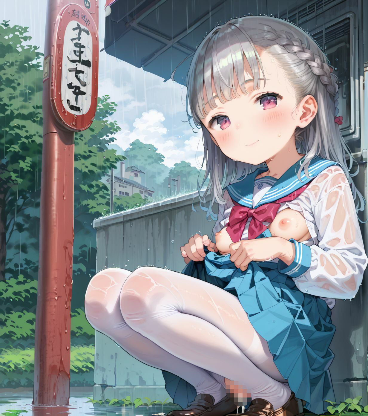 制服ちっぱい少女、バス停で雨宿り051