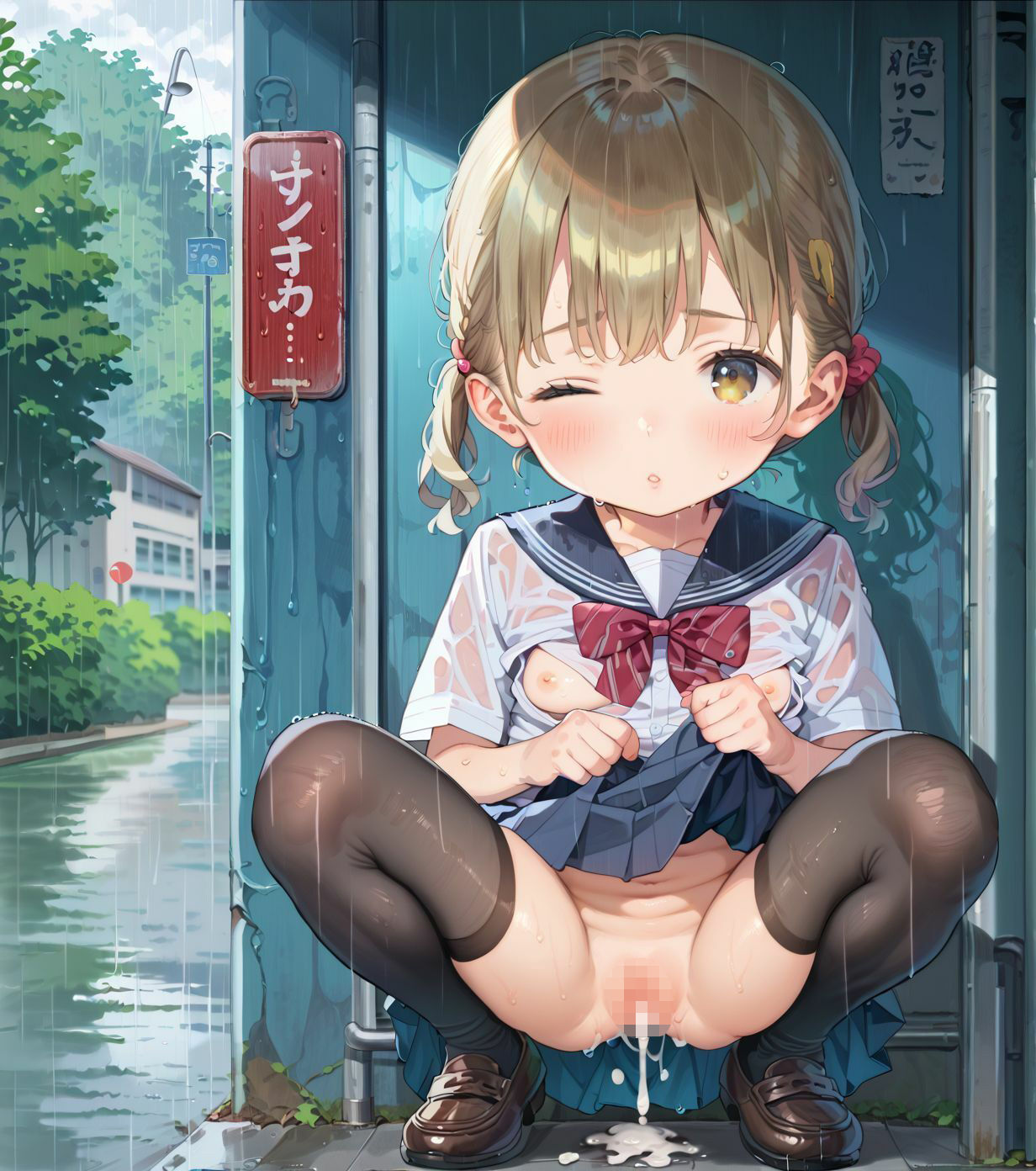 制服ちっぱい少女、バス停で雨宿り053