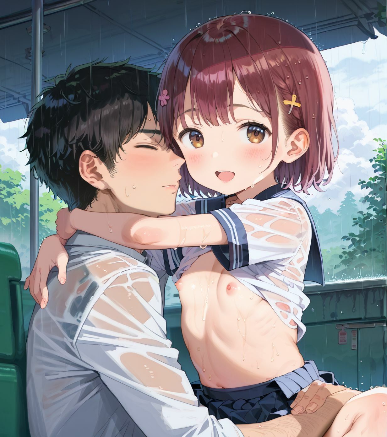 制服ちっぱい少女、バス停で雨宿り059