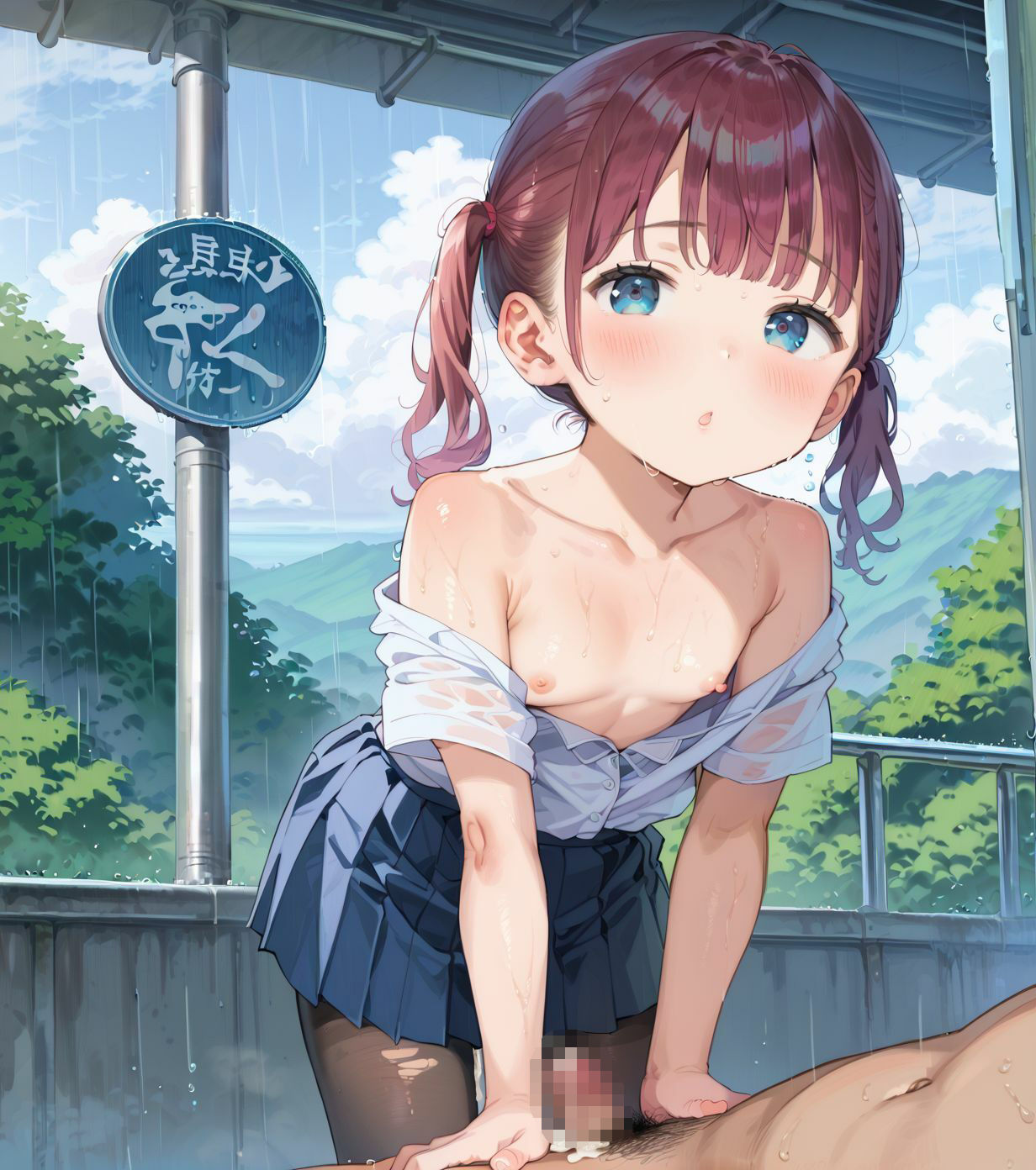 制服ちっぱい少女、バス停で雨宿り061