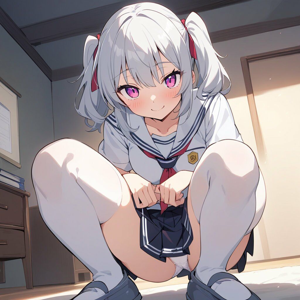 セーラー服でしゃがみ＆またがりでパンチラ 画像1