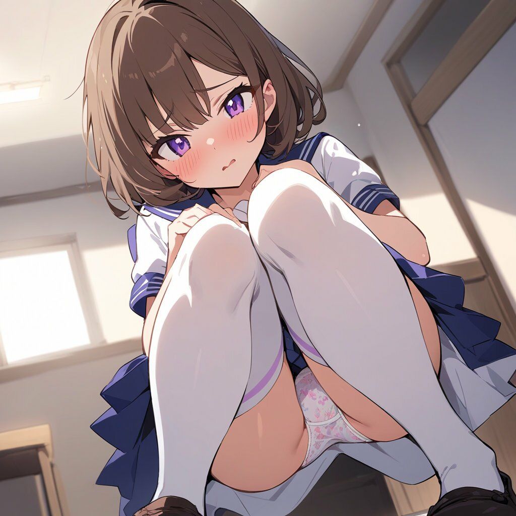 セーラー服でしゃがみ＆またがりでパンチラ 画像4
