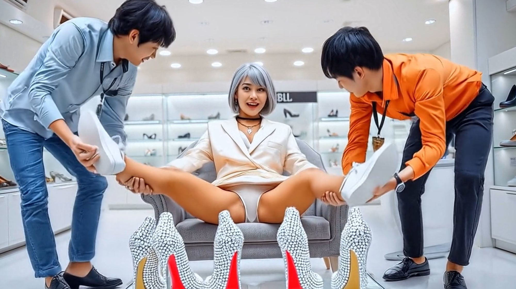 妄想20 お嬢様が靴屋でおっぴろげ 危険な靴屋 AI生成動画 サンプル1