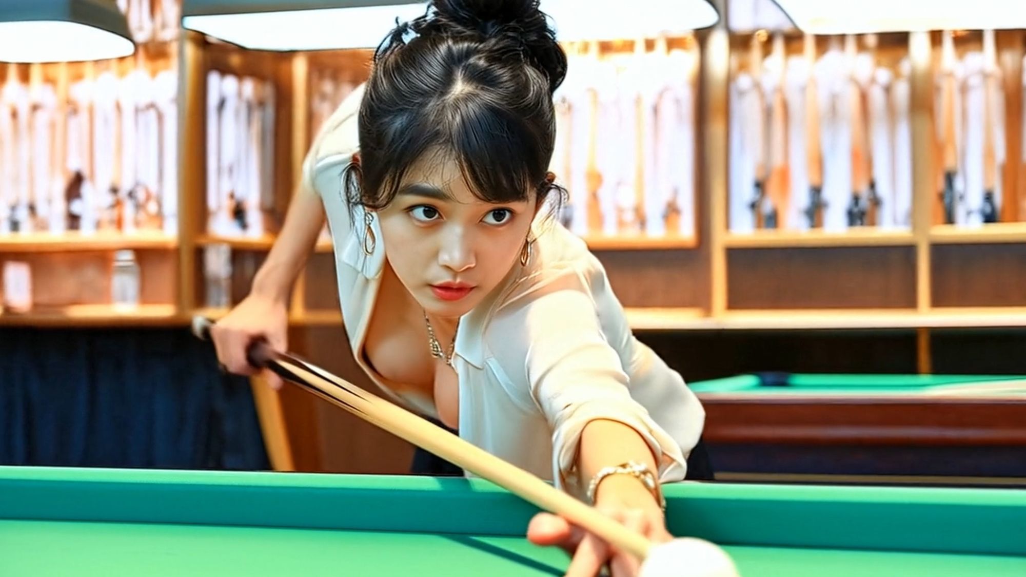 妄想21 ビリヤードで胸の谷間を見せつける美女 AI生成動画 サンプル4