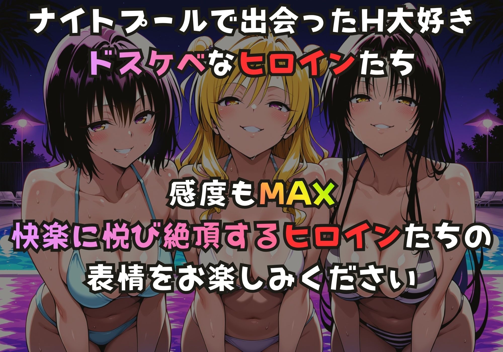 サンプル-ナイトプールでガンギマるドスケベヒロイン 霧崎〇子＆天条院〇姫＆九条〇 - サンプル画像