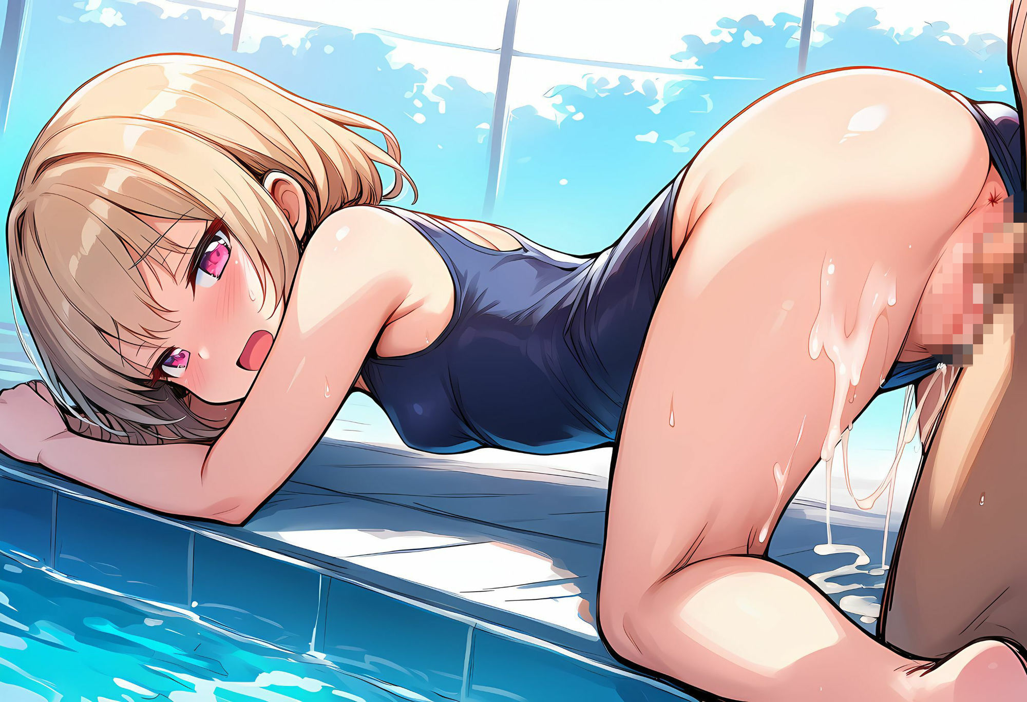 濡れたスクール水着、肌に貼り付く紺色の膜_7