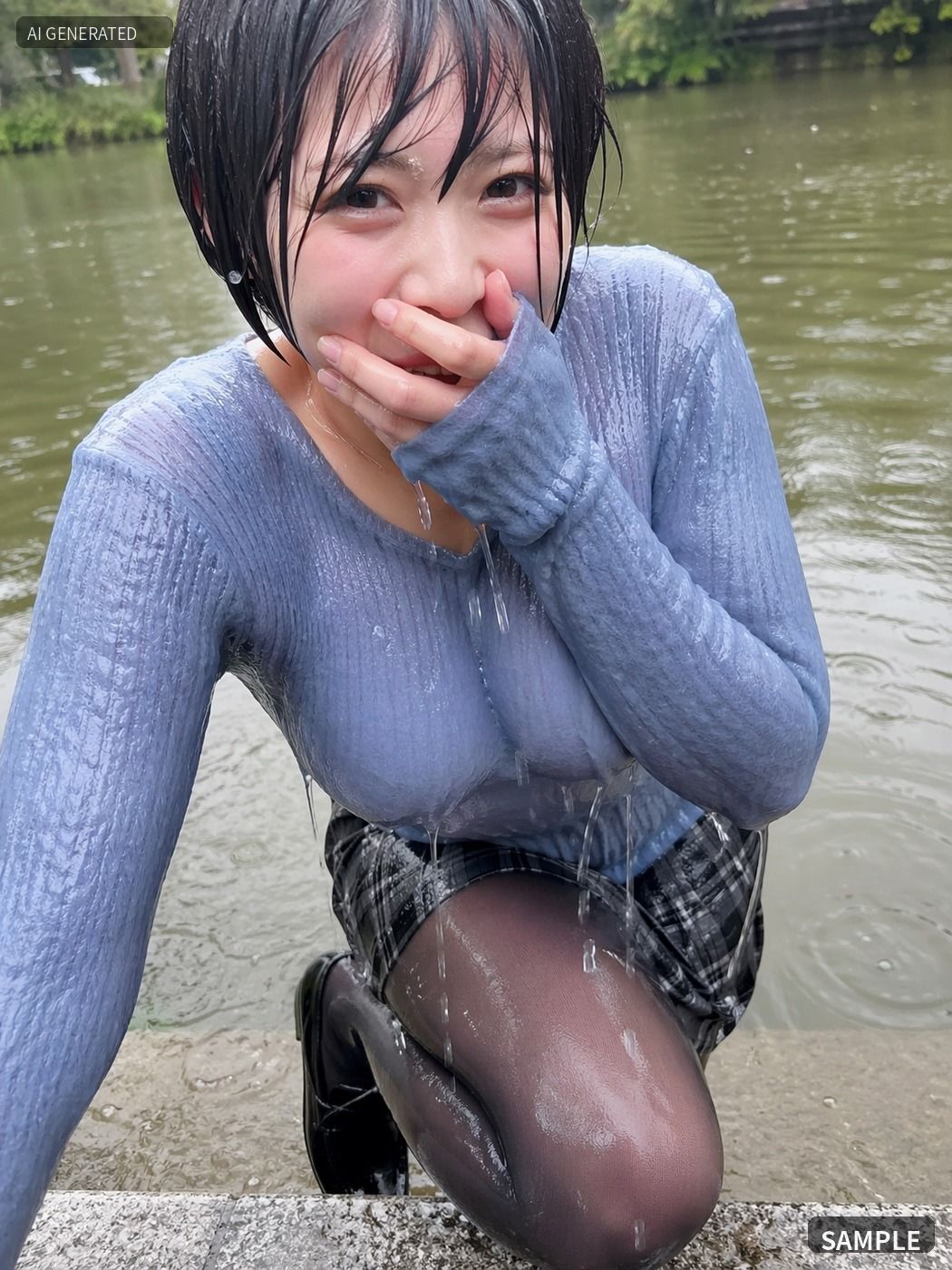青いニットのまま川でずぶ濡れ。着衣Wet AI写真集100枚 画像4