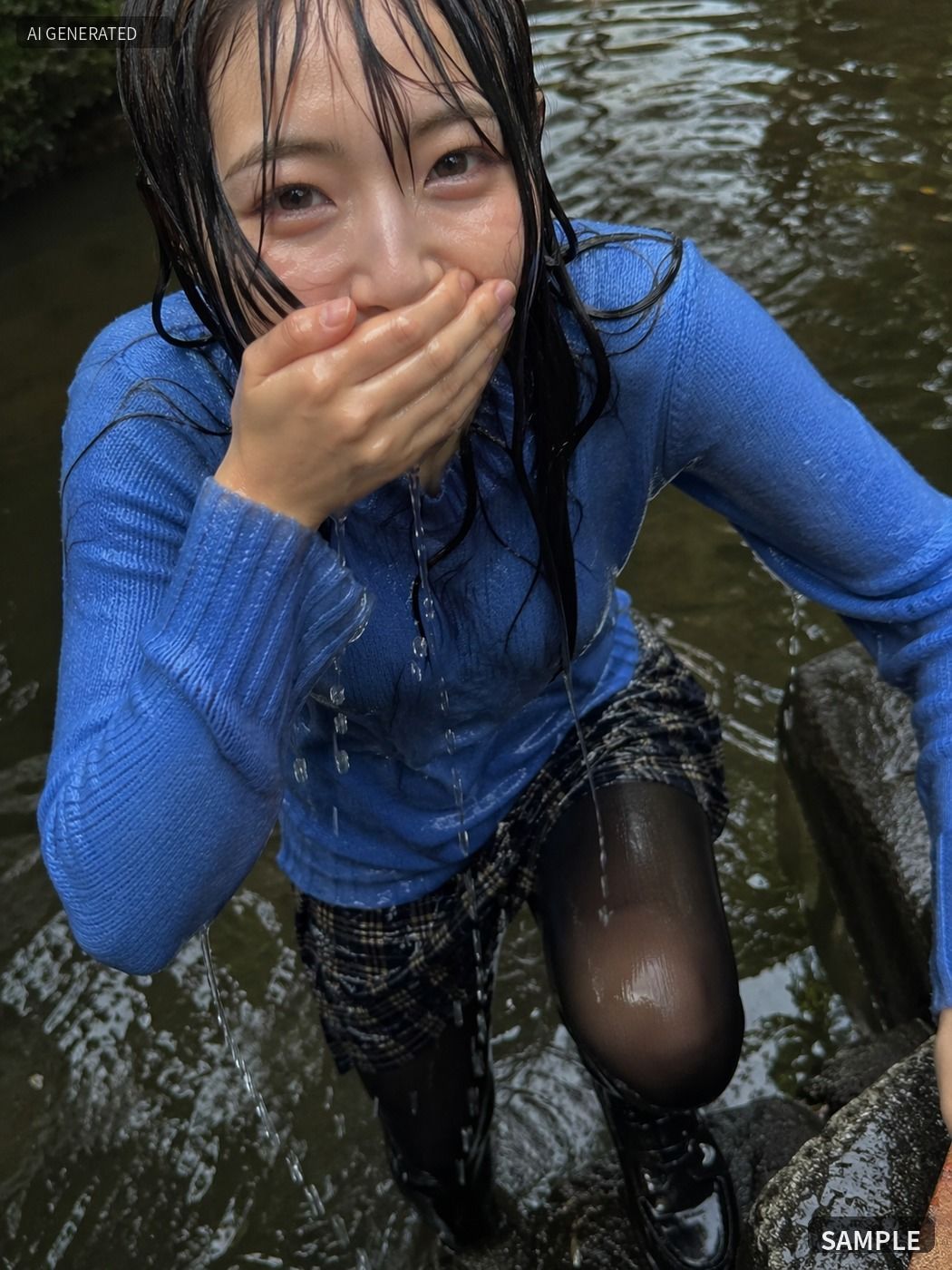 青いニットのまま川でずぶ濡れ。着衣Wet AI写真集100枚 画像5