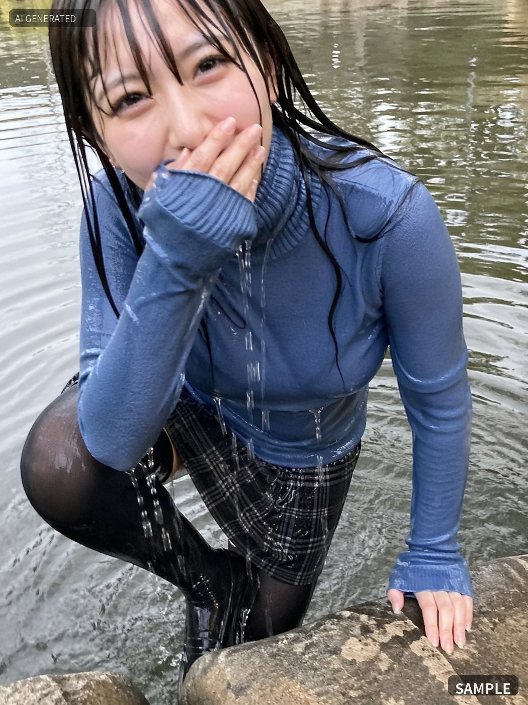 青いニットのまま川でずぶ濡れ。着衣Wet AI写真集100枚 画像6