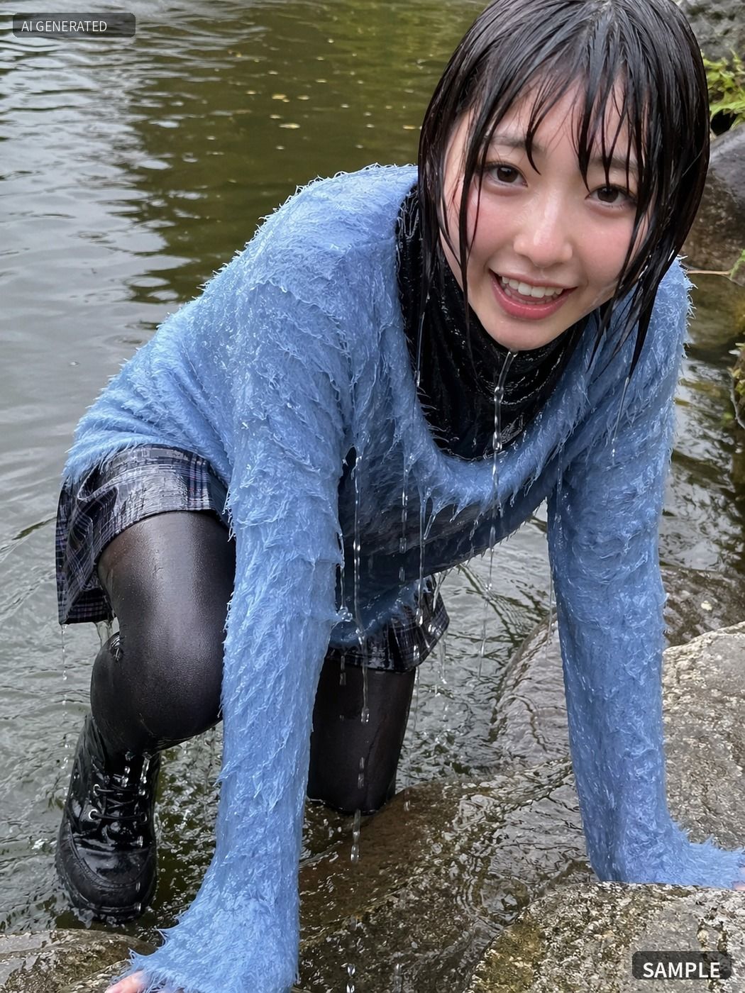 青いニットのまま川でずぶ濡れ。着衣Wet AI写真集100枚 画像8