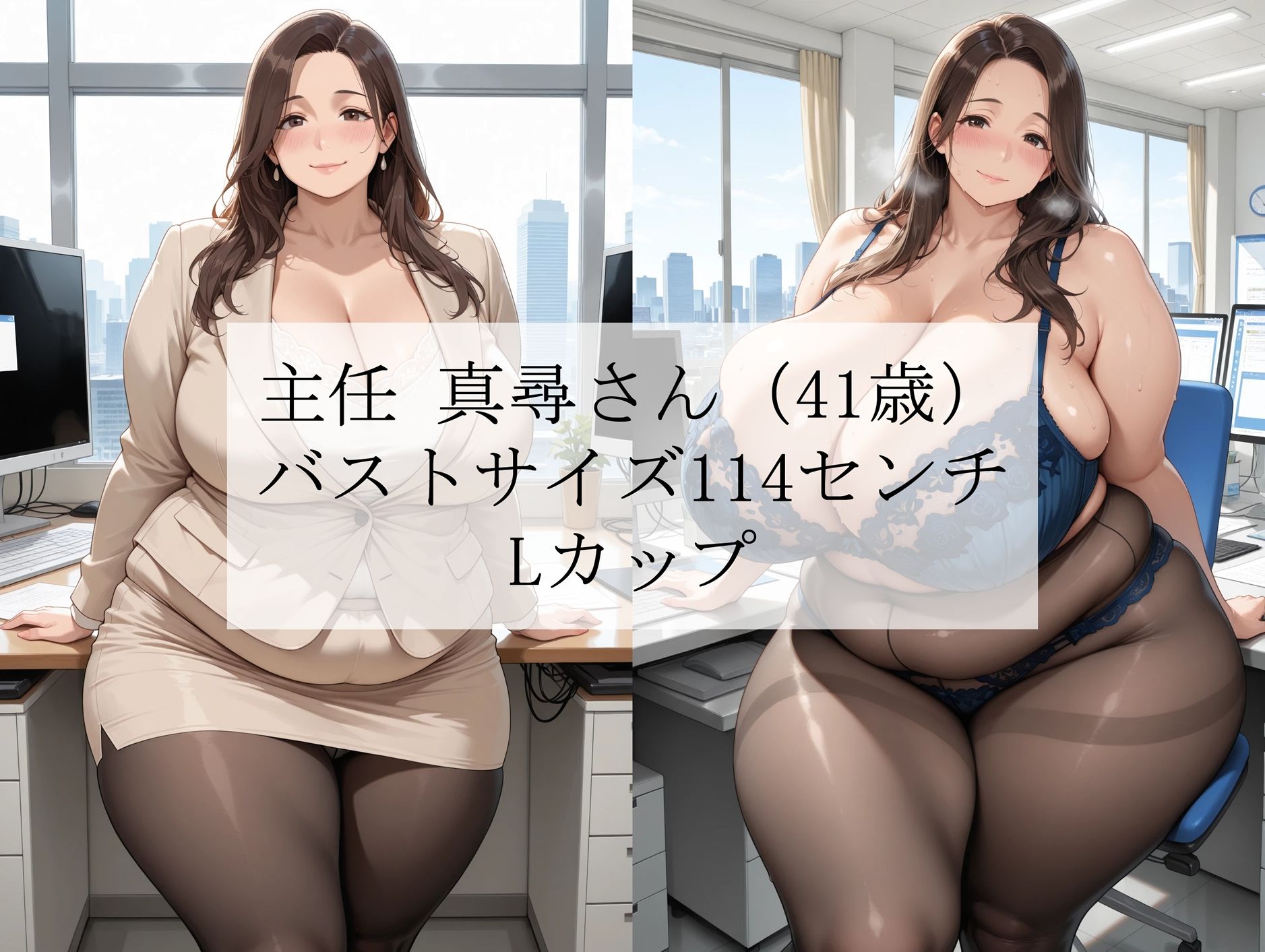 黒パンスト豊満人妻オフィスvol.1「主任真尋さん」編〜仕事のご褒美は爆乳おっぱい上司と濃厚社内セックスでした〜＜漫画風吹き出しセリフ付CG集＞ 画像1