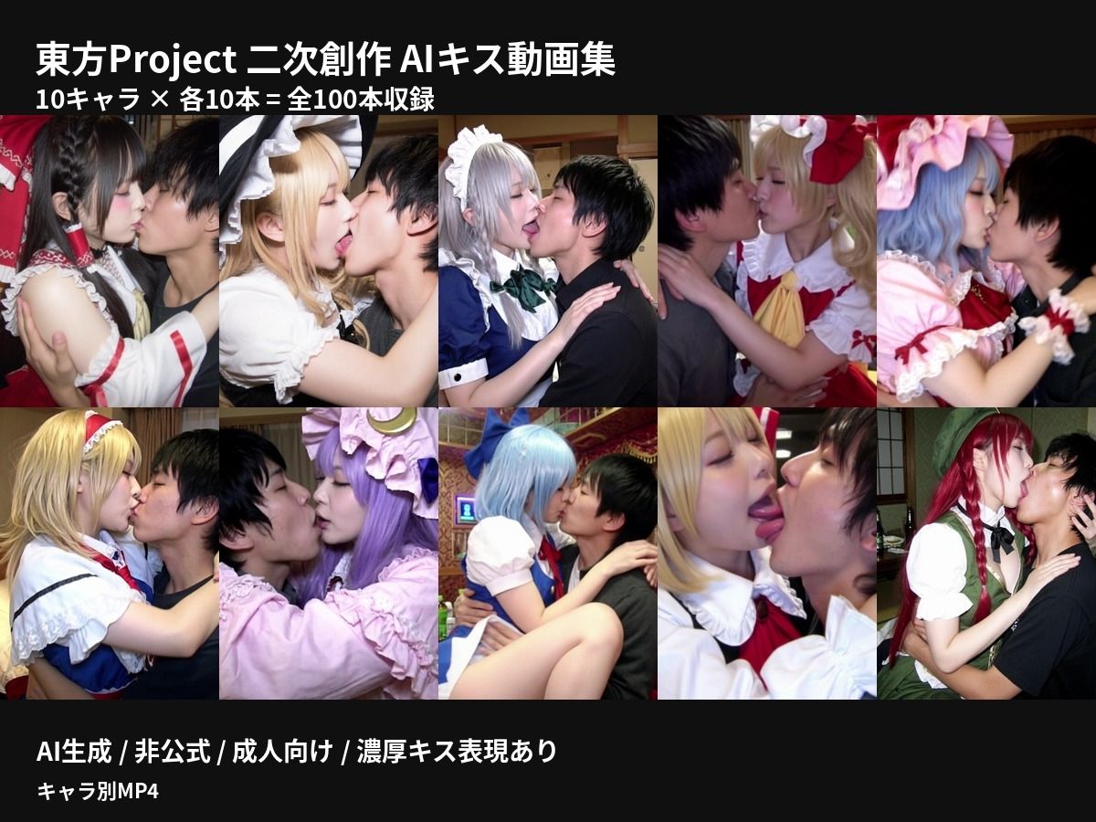 【AI生成】東方Project二次創作 濃厚キス動画集 10キャラ×100本収録 画像1