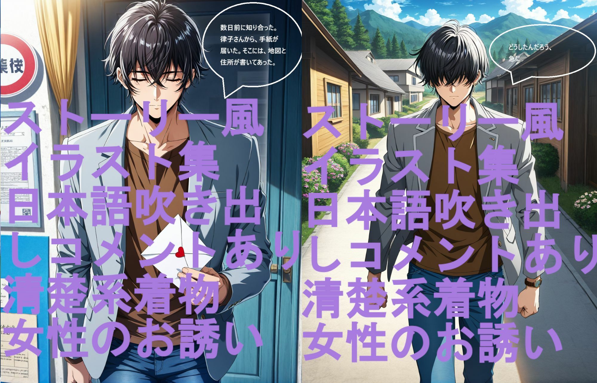ストーリー風、イラスト集。日本語、吹き出しコメントあり。清楚系着物女性のお誘い。 サンプル1