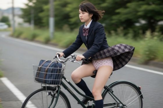 女子学生の自転車パンチラ