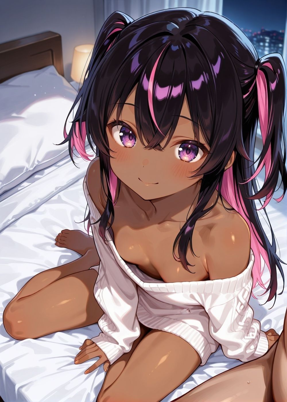 まっすぐに両手を広げて「来て」と誘う全裸の女の子と童貞を〇すセーター服を着た褐色娘がおじさんの開発調教で中出し堕ちする濃厚W調教_7