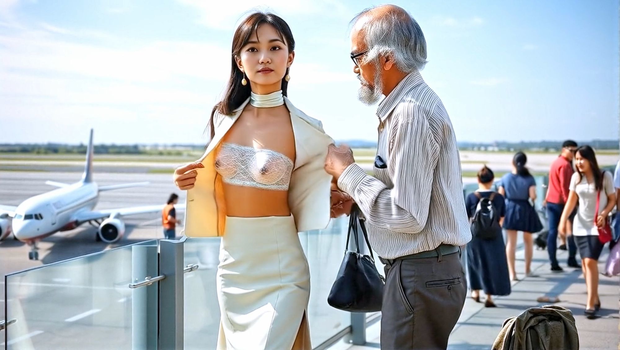 妄想27 CAが展望デッキで足上げ、脱がされ露出 AI生成動画 サンプル1