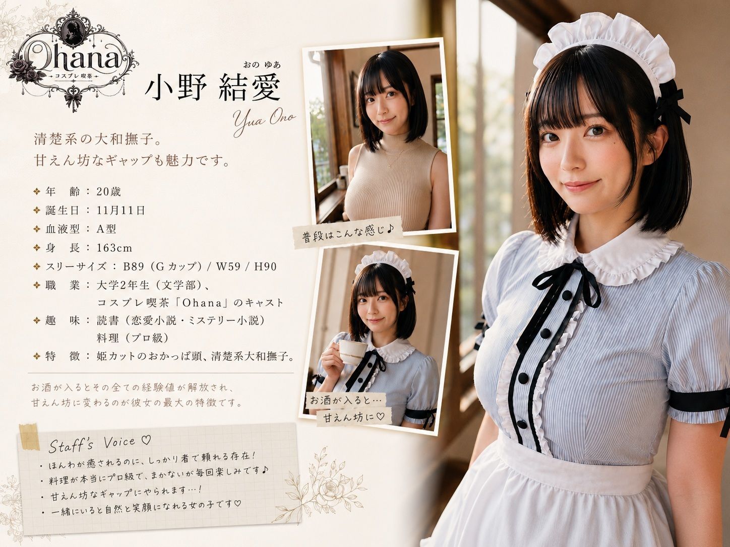 【AI生成】IMAGE VIDEO & AI写真集 Vol.5 小野結愛 コスプレ喫茶Ohanaアルバイト/大学生(20) 「古びた喫茶店の、女神がおもてなし」 画像1