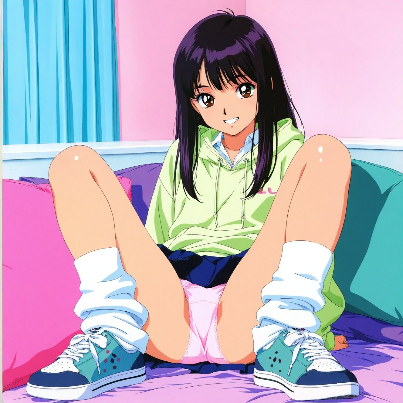 レトロアニメ風JKのM字&四つん這いパンチラ 画像1