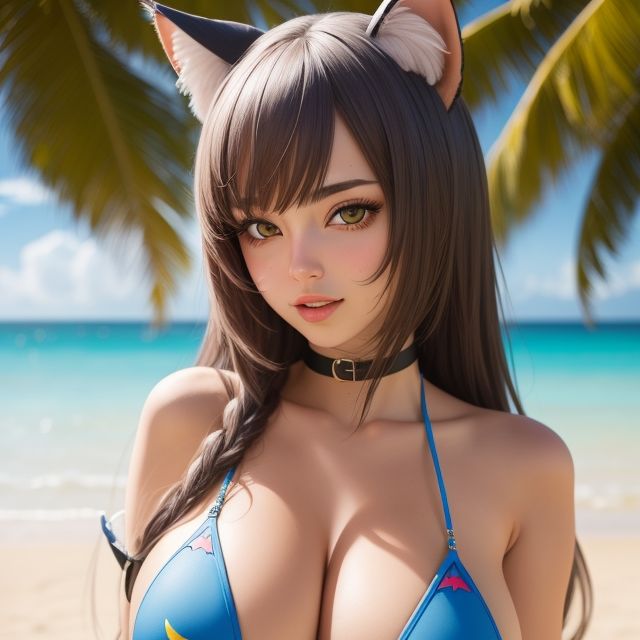 猫耳のセミリアル美女がビーチに(セリフなし AIセミリアル画像集) 画像7