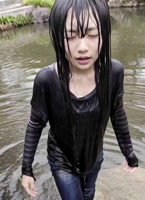 【AI動画259本】着衣ずぶ濡れ WET COLLECTION Vol.1｜池・川で全身びしょ濡れ 画像1