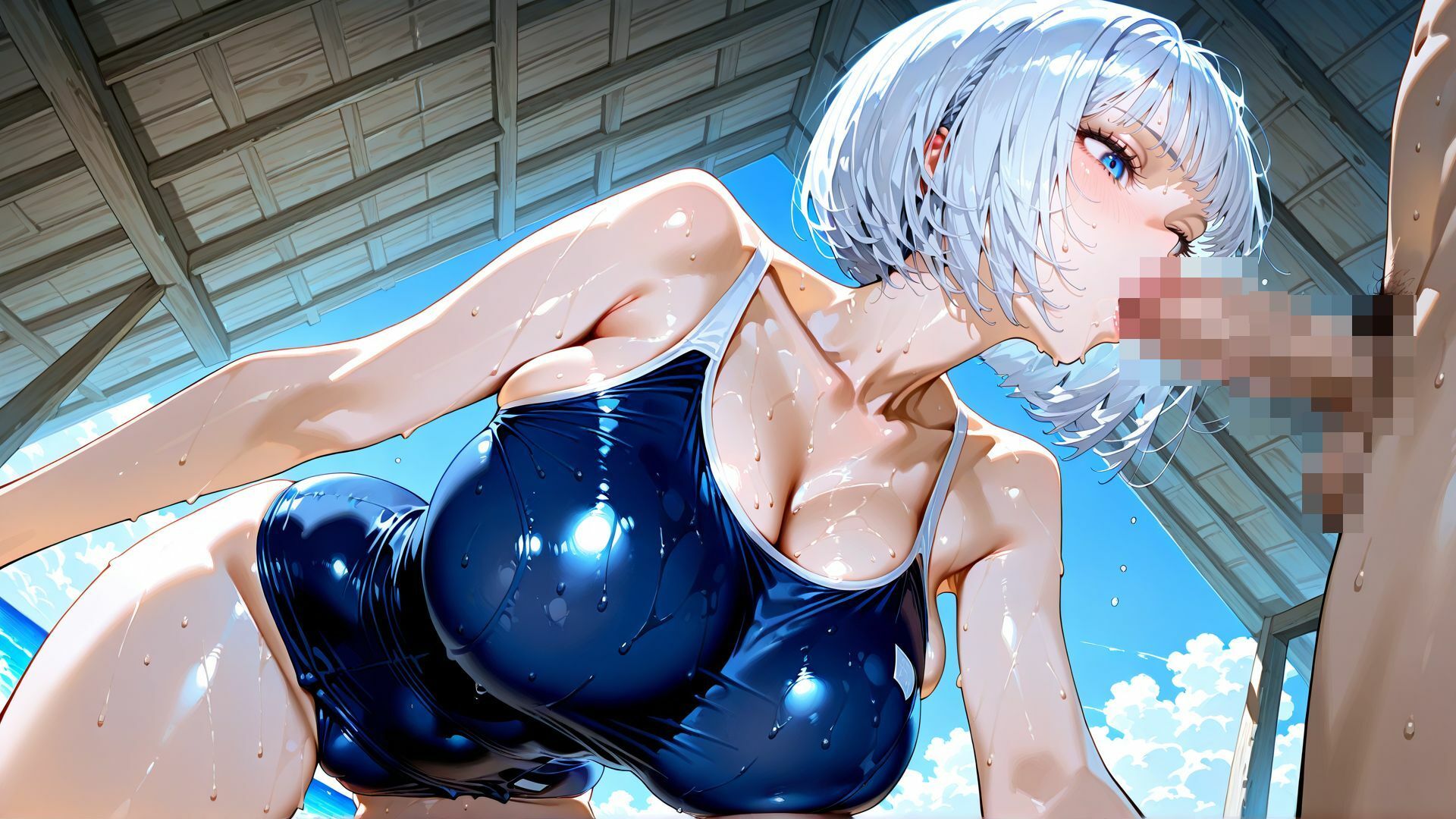 【4K】スク水姿の巨乳JKを、夏の海で汗だく中出しセックス 画像8