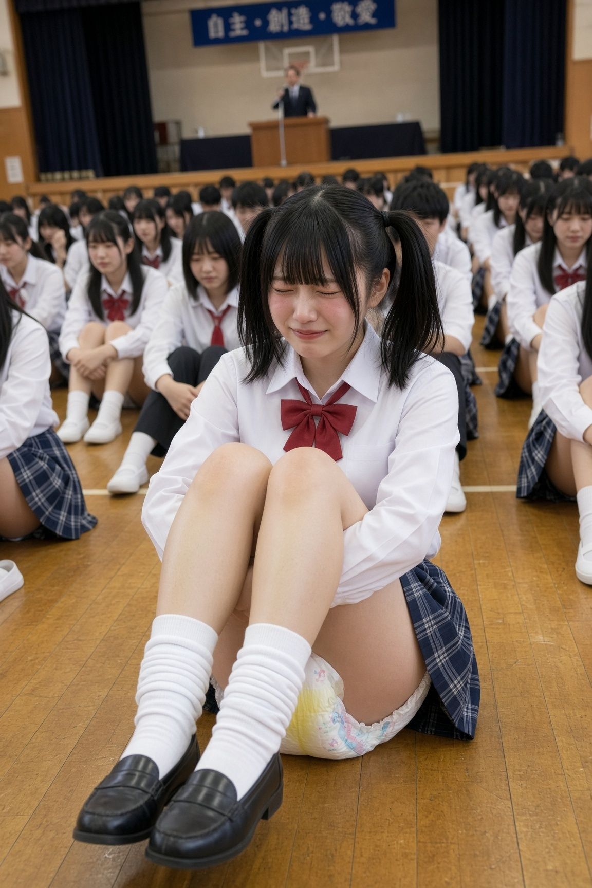 【AI動画】全校集会でおもらし〜おしっこで黄色く染まるおむつ サンプル画像