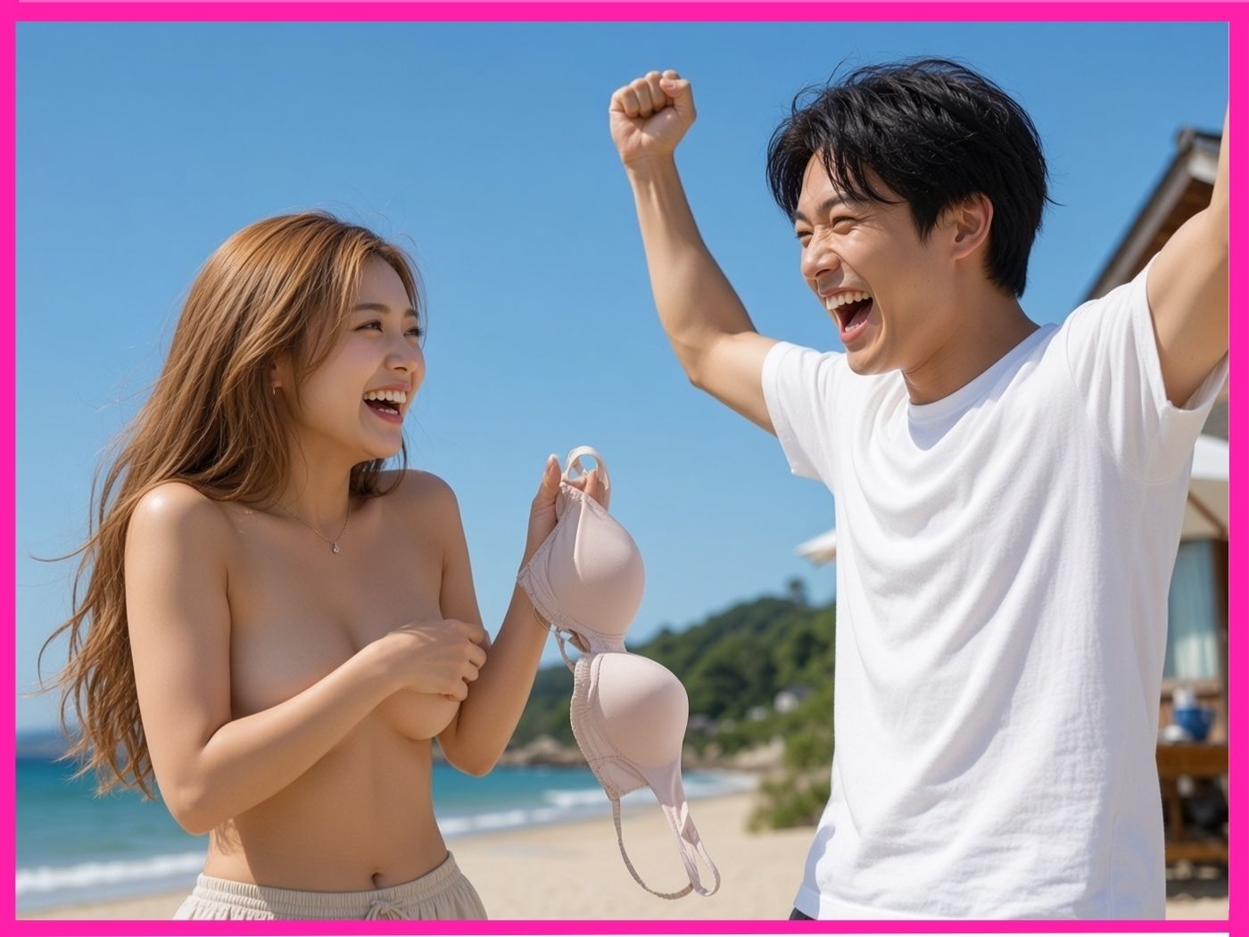 【縦長動画海の家ギャルインタビュー】じゃんけん負けたら即脱衣→1人エッチ強●公開! 画像1