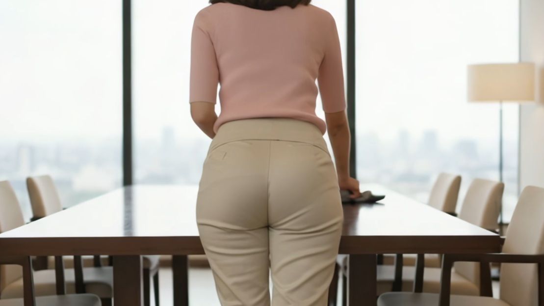お掃除・テーブル拭きに勤しむ美女の後ろ姿〜スラックス越しに魅せる美尻ライン〜の作品画像 1