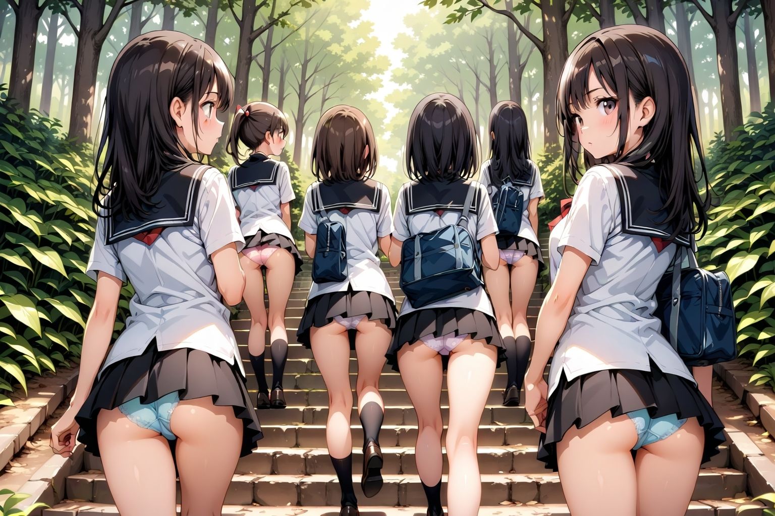 【59枚】女の子たちのミニスカ制服やパンティーやお尻をお好きなだけ観察できます♪今日は妄想の世界にあるエッチな街での学園見学日です♪街のいろいろな学園の校舎前にあるお庭の階段で、制服ミニスカート、オシリにくい込むパンツのパンチラをいっぱいごらんくださいね♪ 画像7