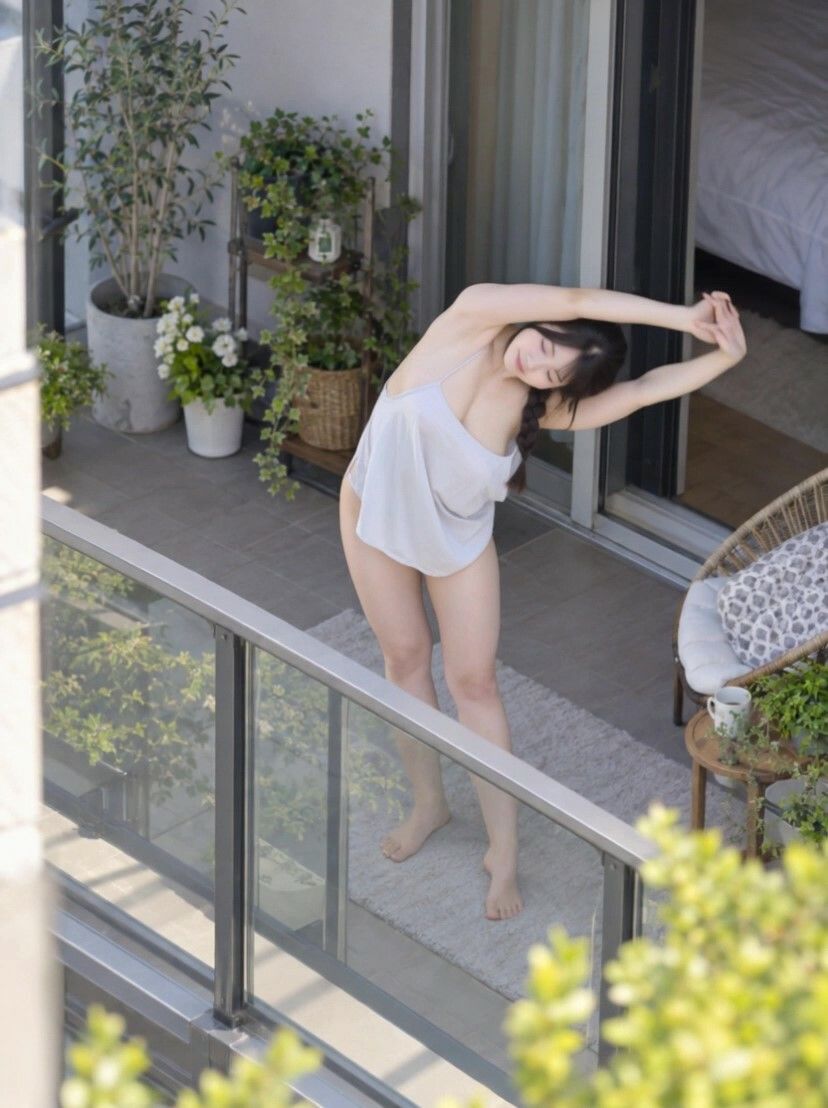 朝から無防備すぎる！？  向かいのお姉さんのベランダ体操