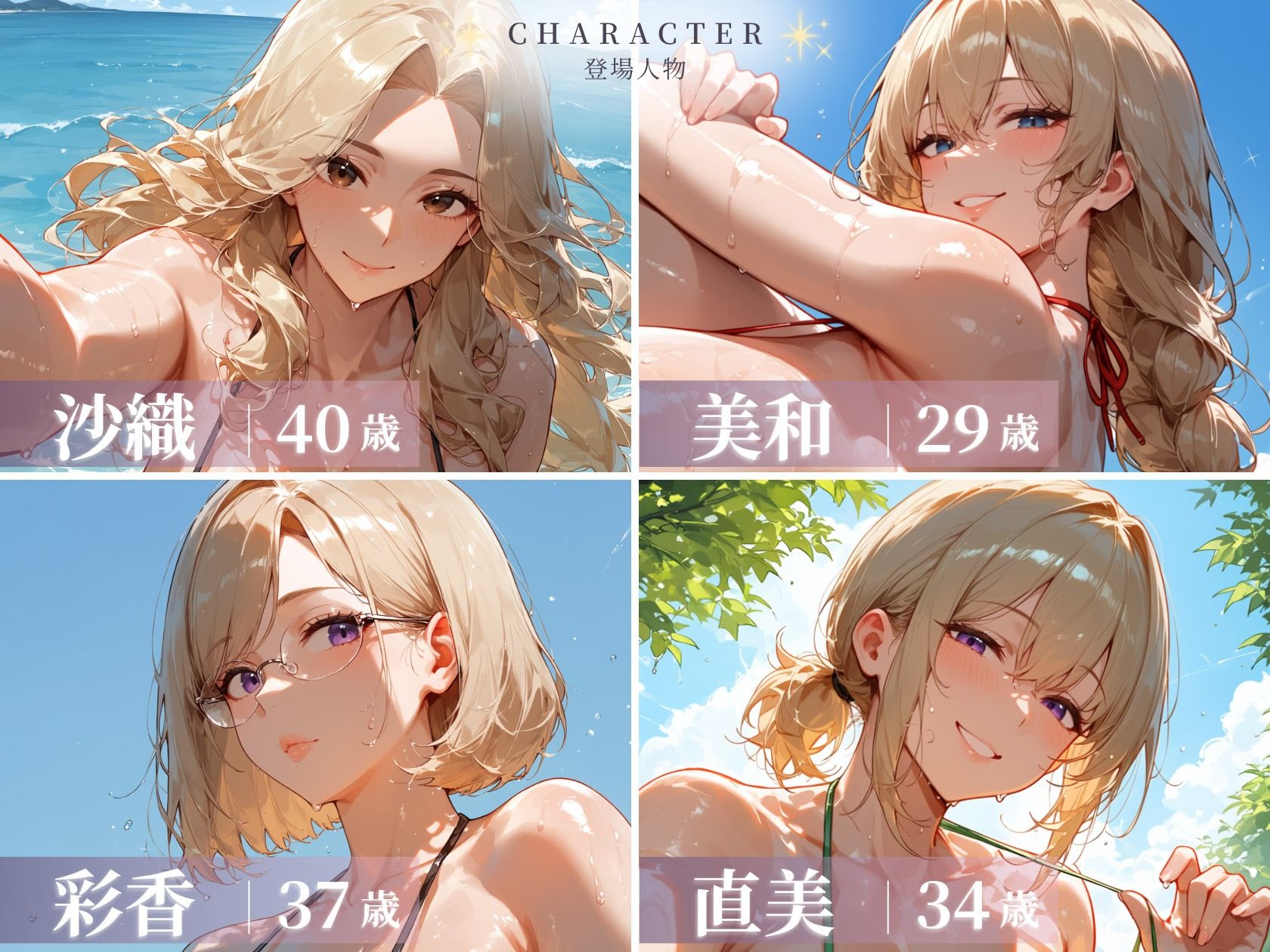 金髪人妻ハーレム 四人のマイクロビキニ 紐が肌に沈む音まで聞かせます4