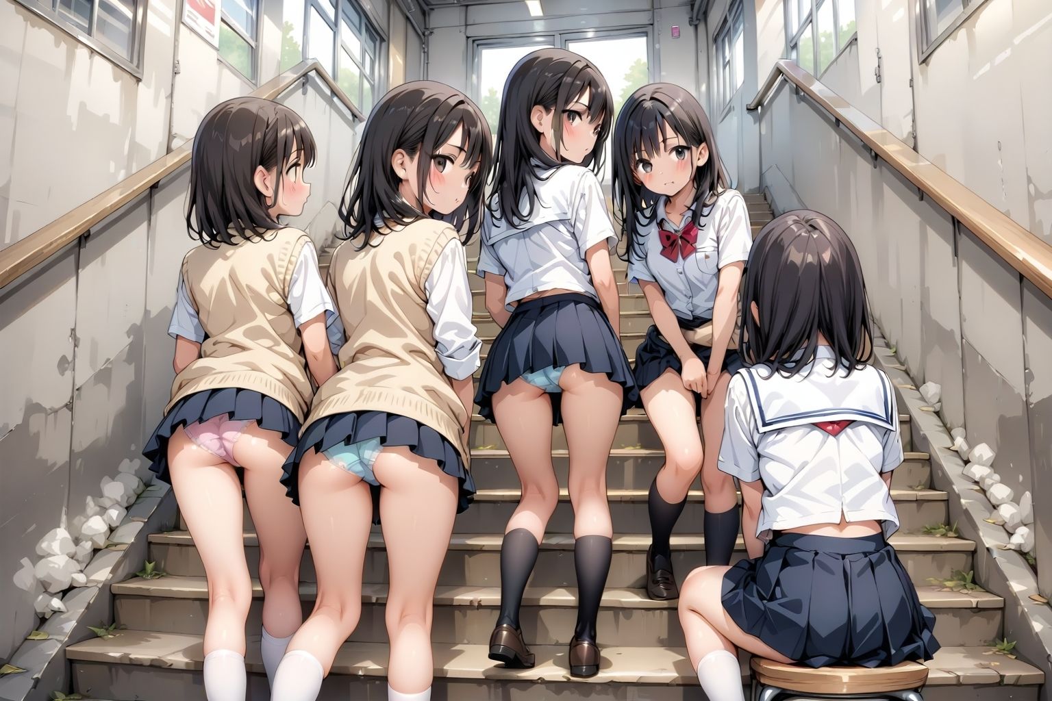【アニメ5分、イラスト100枚超】制服ミニスカ階段パンチラ♪デフォルトで下着を見せている「超」激ミニのピッチピチな女の子たちがたくさん行き交う、某・学園都市の階段♪スカートのなかの、ムッチムチな太もも、いろとりどりの生パンティーやブルマっぽいインナー、プルップル揺れるお尻♪「えっ、なになに?うちらのパンツとお尻を観察したいの?ヘンタイじゃんッ!」 2枚目