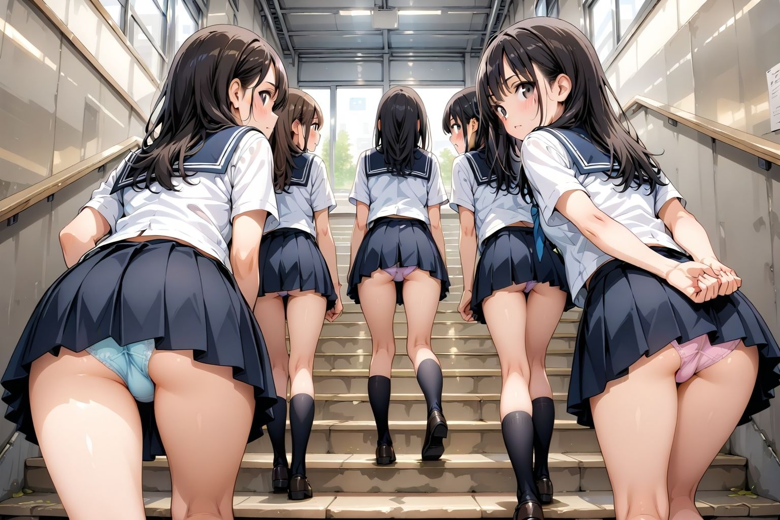 【アニメ5分、イラスト100枚超】制服ミニスカ階段パンチラ♪デフォルトで下着を見せている「超」激ミニのピッチピチな女の子たちがたくさん行き交う、某・学園都市の階段♪スカートのなかの、ムッチムチな太もも、いろとりどりの生パンティーやブルマっぽいインナー、プルップル揺れるお尻♪「えっ、なになに?うちらのパンツとお尻を観察したいの?ヘンタイじゃんッ!」 3枚目