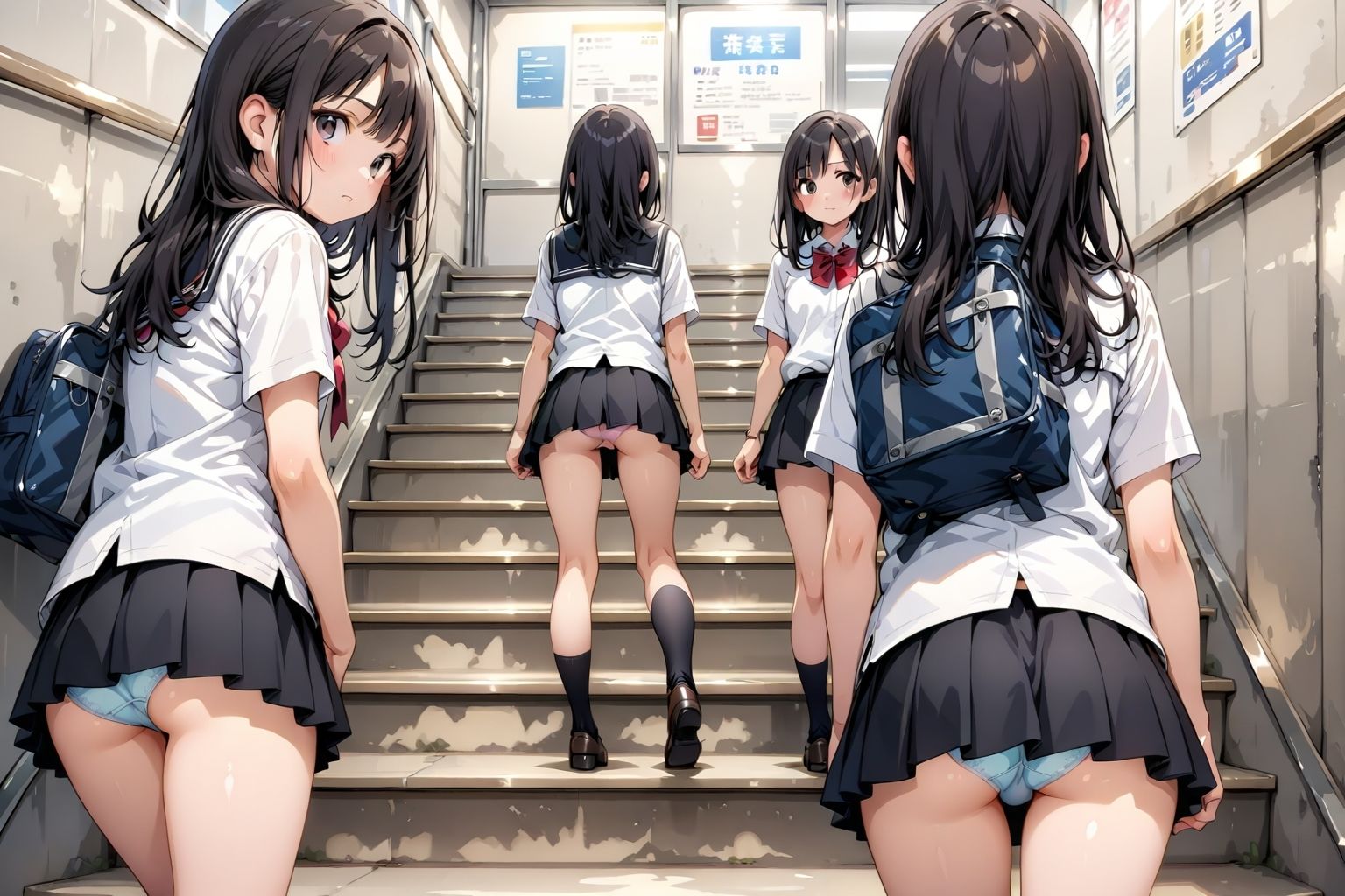 【アニメ5分、イラスト100枚超】制服ミニスカ階段パンチラ♪デフォルトで下着を見せている「超」激ミニのピッチピチな女の子たちがたくさん行き交う、某・学園都市の階段♪スカートのなかの、ムッチムチな太もも、いろとりどりの生パンティーやブルマっぽいインナー、プルップル揺れるお尻♪「えっ、なになに?うちらのパンツとお尻を観察したいの?ヘンタイじゃんッ!」 6枚目