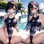 ハイレグ競泳水着の同級生が股をひろげて誘惑してくるイラスト集