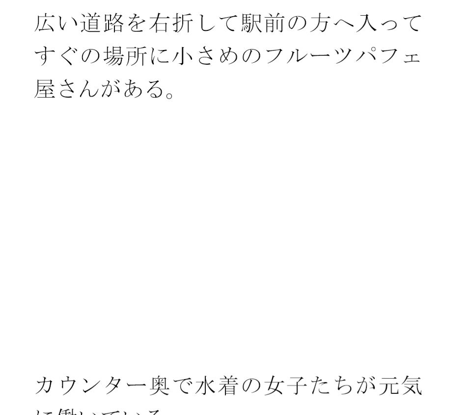 街中のフルーツパフェ屋さん 怪しげな窓とカウンター 店員の女子たちは真っ白下着1