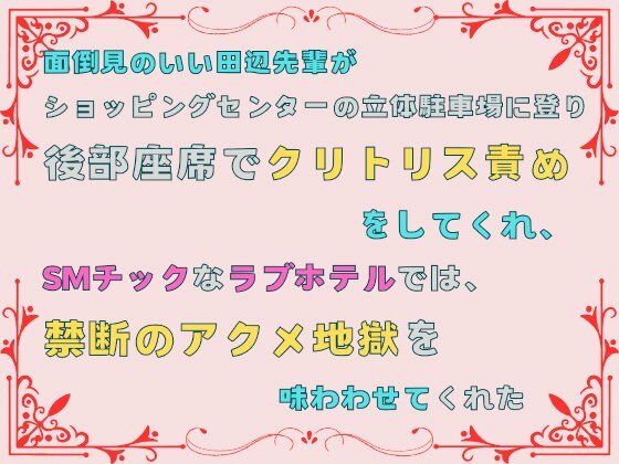 面倒見のいい田辺先輩が、ショッピングセンターの立体駐車場に登り後部座席でクリトリス責めをしてくれ、SMチックなラブホテルでは、禁断のアクメ地獄を味わわせてくれた。1